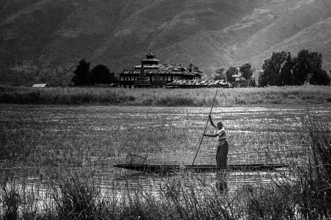 Fisherman on Inle Lake, Myanmar, paddling with temple in background - Leo Smith Photo Video